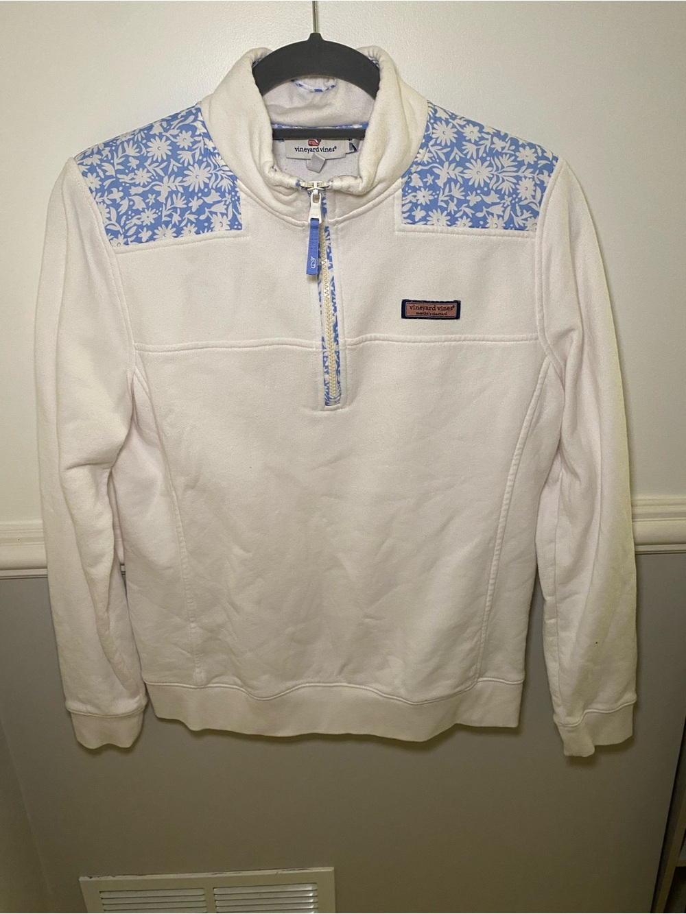 Vineyard Vines White Quarter-Zip Shepshirt with Light Blue Floral Shoulder Pads